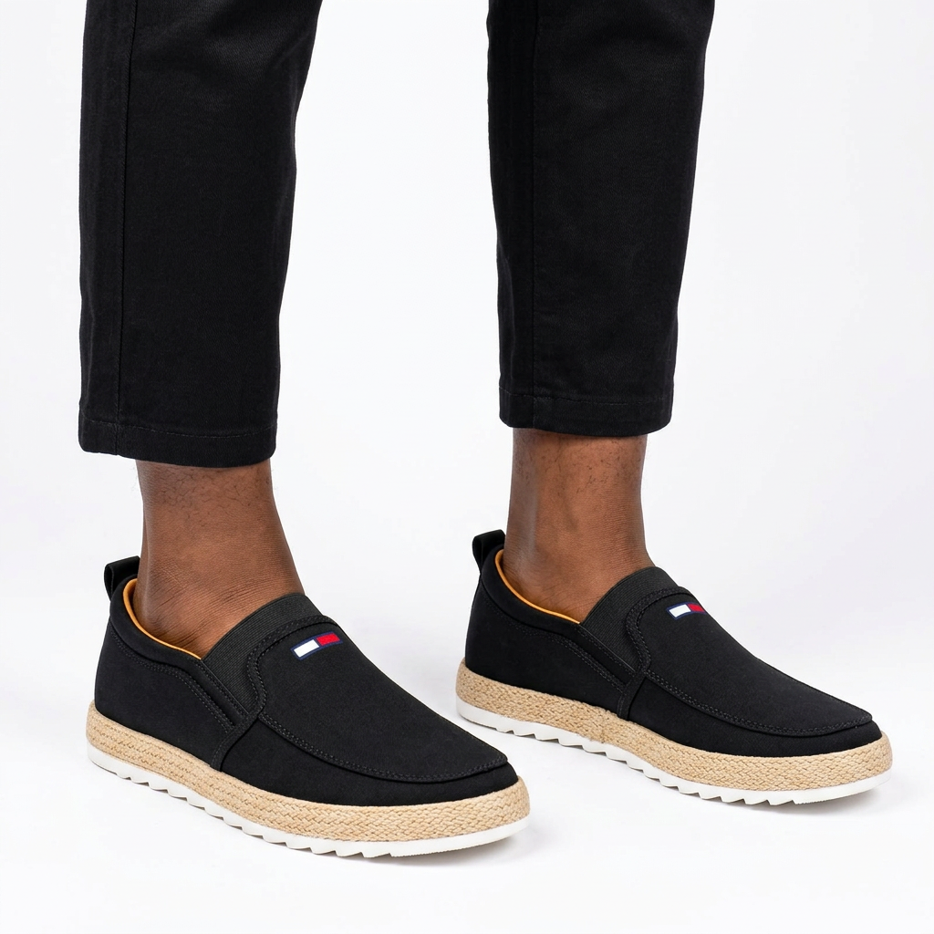 Black woven-trim slip-on sneakers properly worn on both feet