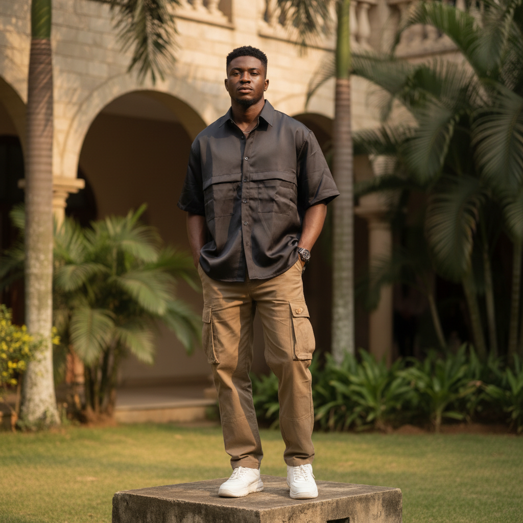 Nigerian male model wearing dark charcoal short-sleeve utility shirt — full body street style