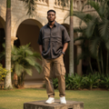 Nigerian male model wearing dark charcoal short-sleeve utility shirt — full body street style