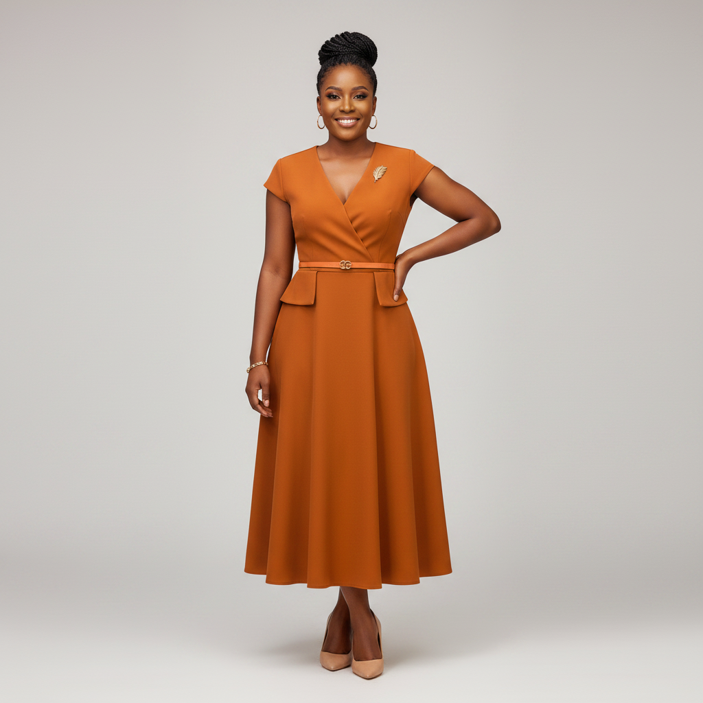 Burnt Orange Peplum Belted Midi Dress - Front Model
