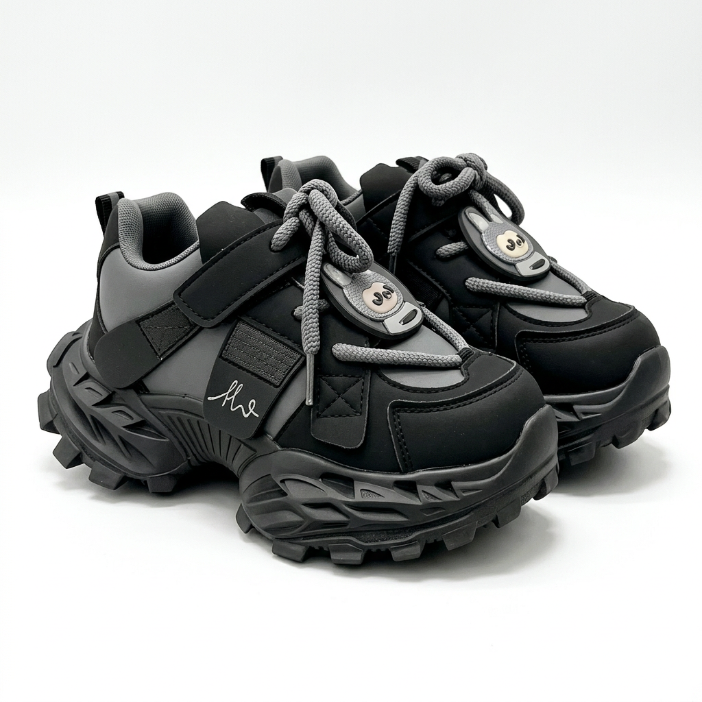 Matching black and grey face-motif chunky trainers