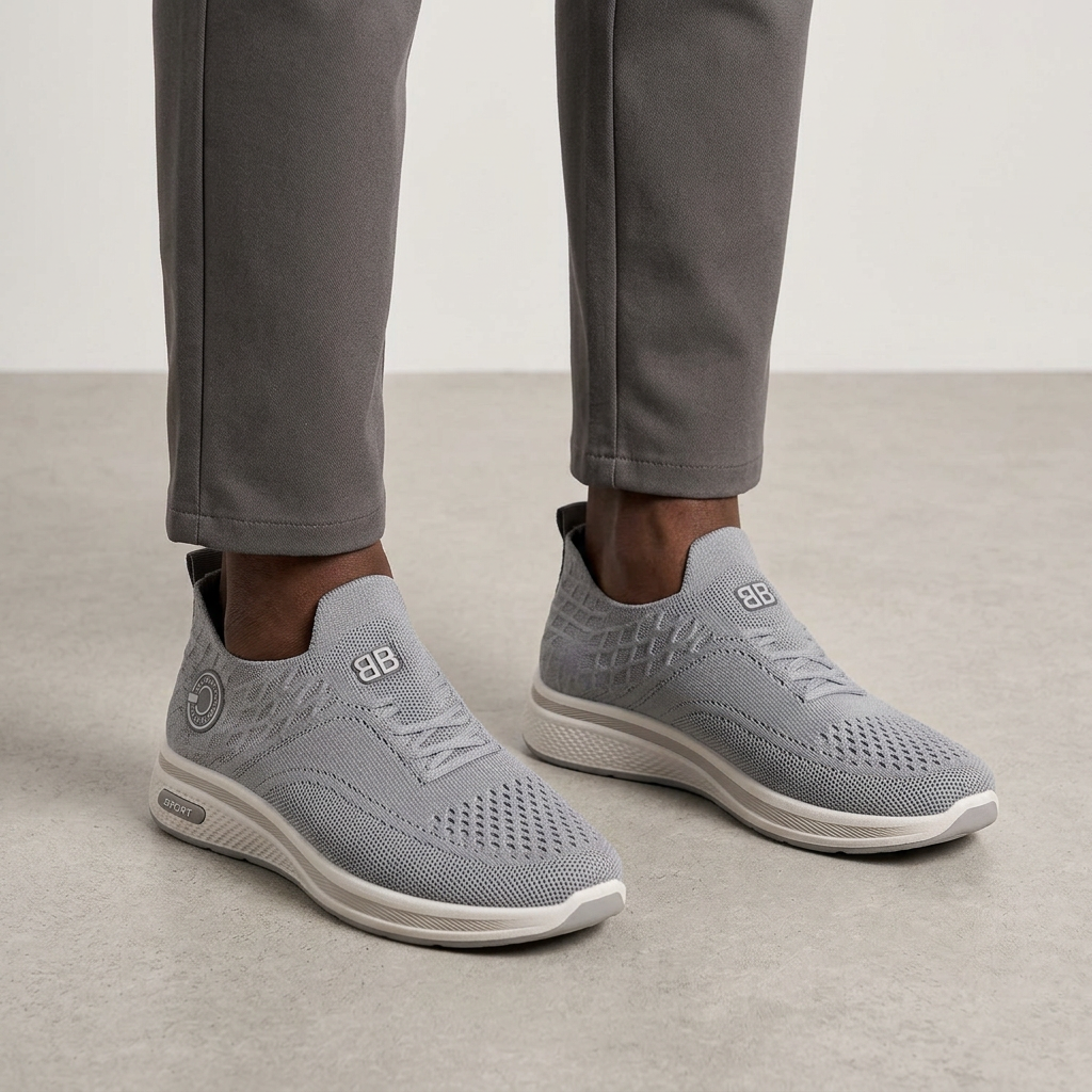 Both grey knit sneakers worn by a Black male model