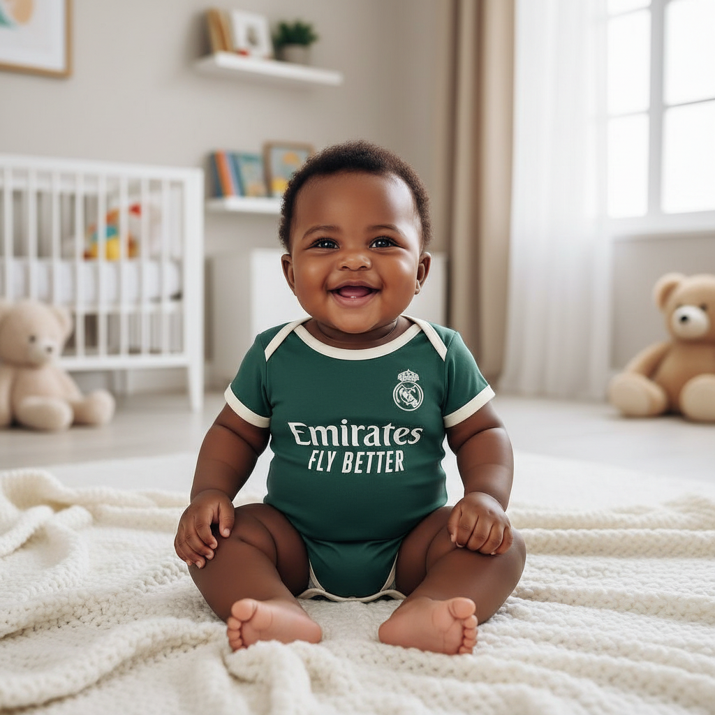 Nigerian baby wearing dark green & cream football romper bodysuit lifestyle shot