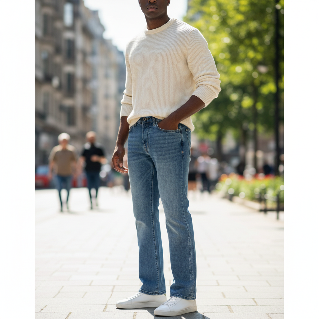 Nigerian model wearing Medium Blue Washed Flare-Leg Vertical Side Logo Embroidered Jeans