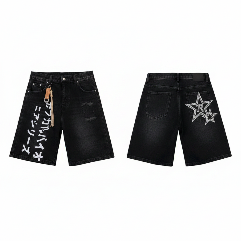 Men's black graffiti script print rhinestone star denim shorts ghost mannequin front and back view