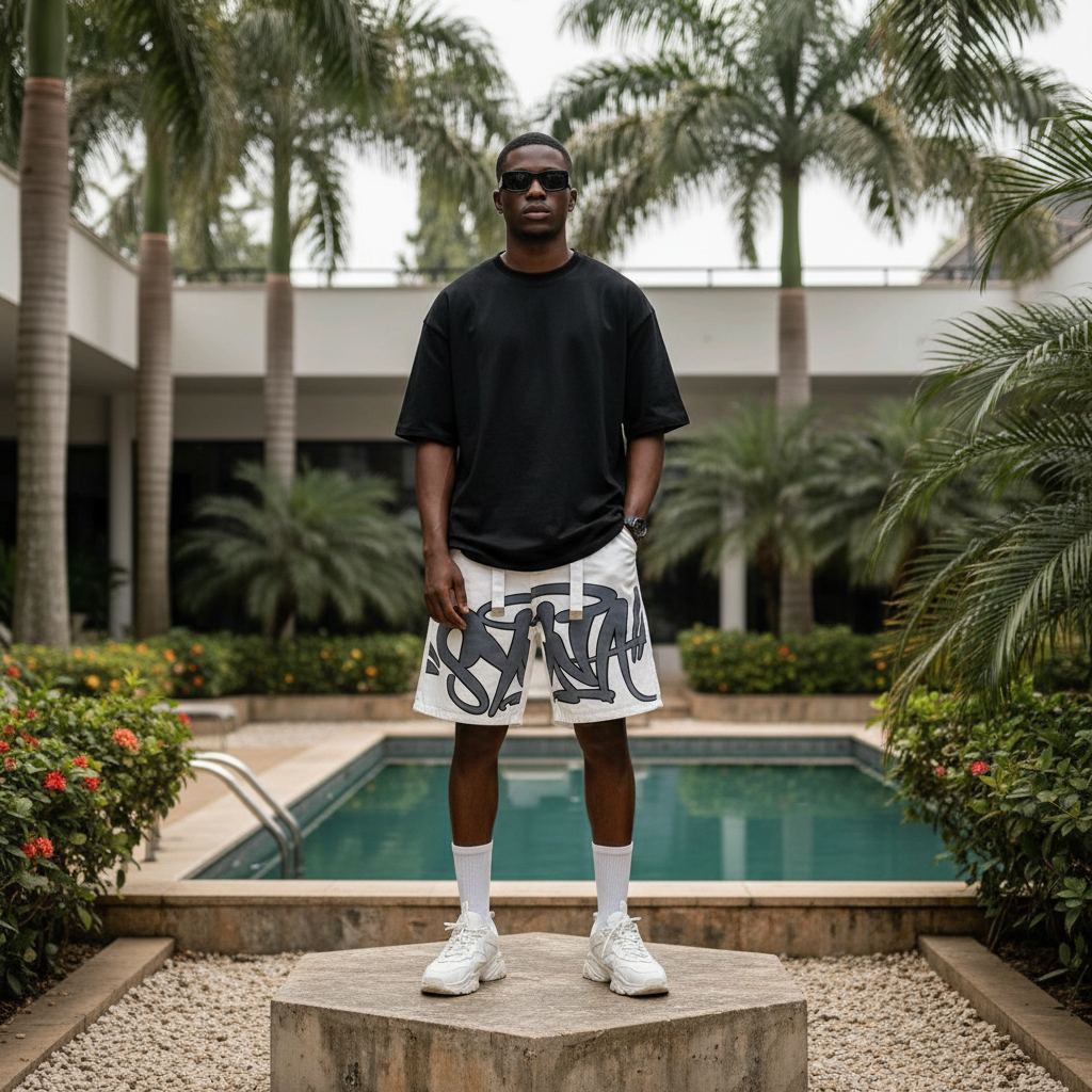 Nigerian male model wearing men's white graffiti tag print clasp hardware denim shorts streetwear style