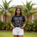 Women's black rhinestone crystal cartoon mouse face graphic crew neck tee - model shot