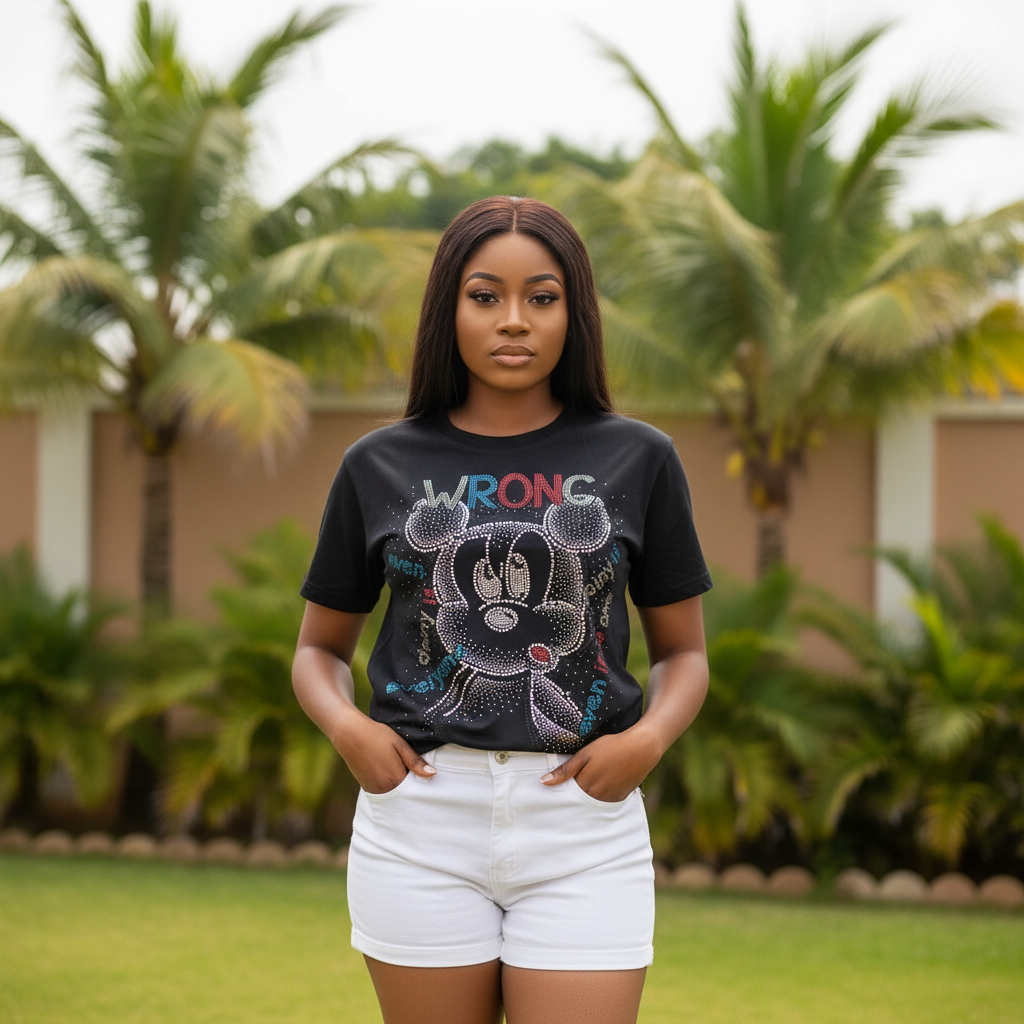 Women's black rhinestone crystal cartoon mouse face graphic crew neck tee - model shot
