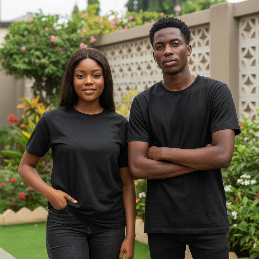 Unisex Plain Black Crew-Neck T-Shirt – Nigerian Female and Male Models