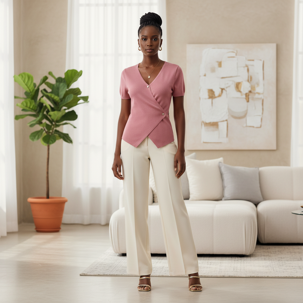 Dusty Rose Wrap Knit Short-Sleeve Top - Front Model