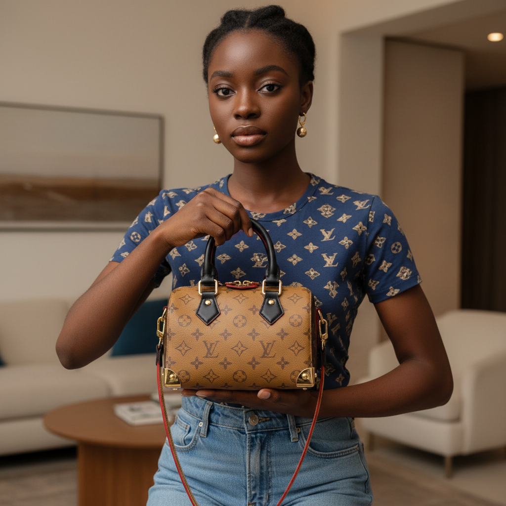 Young Nigerian woman holding tan monogram mini speedy bag with black trim and gold studs