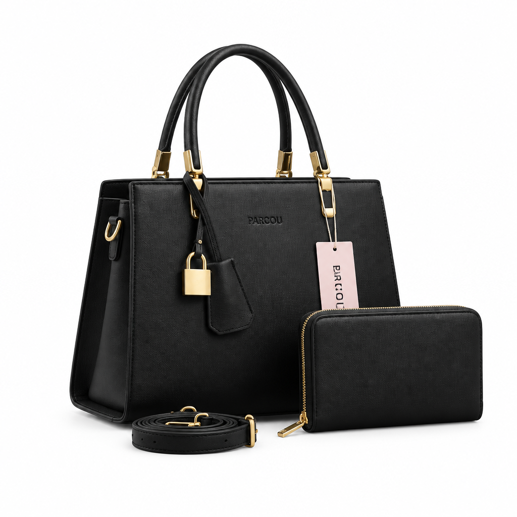 Black structured handbag and matching zip purse on white background