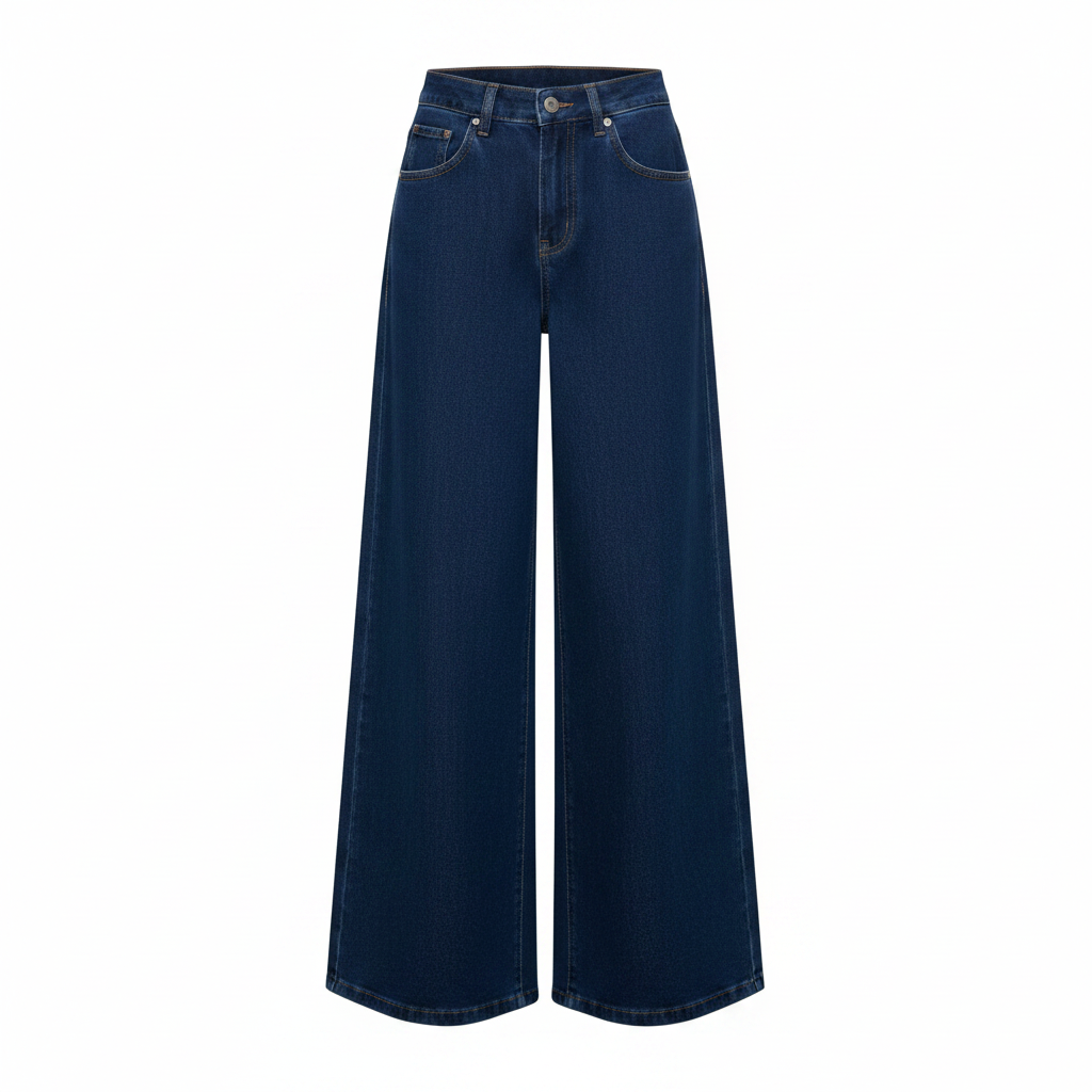 Women's navy blue high-waist extra wide-leg palazzo denim jeans on ghost mannequin, white background