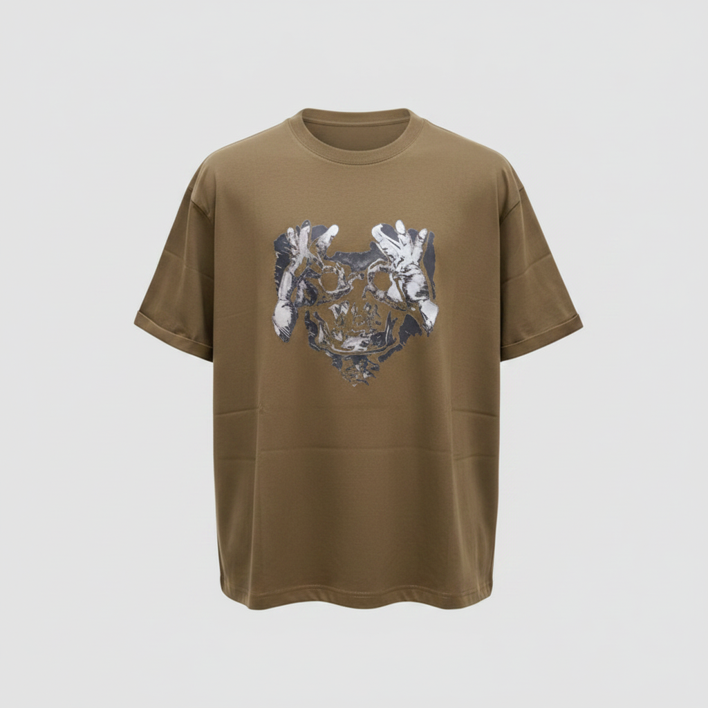 Men's brown skull graphic T-shirt on a ghost mannequin