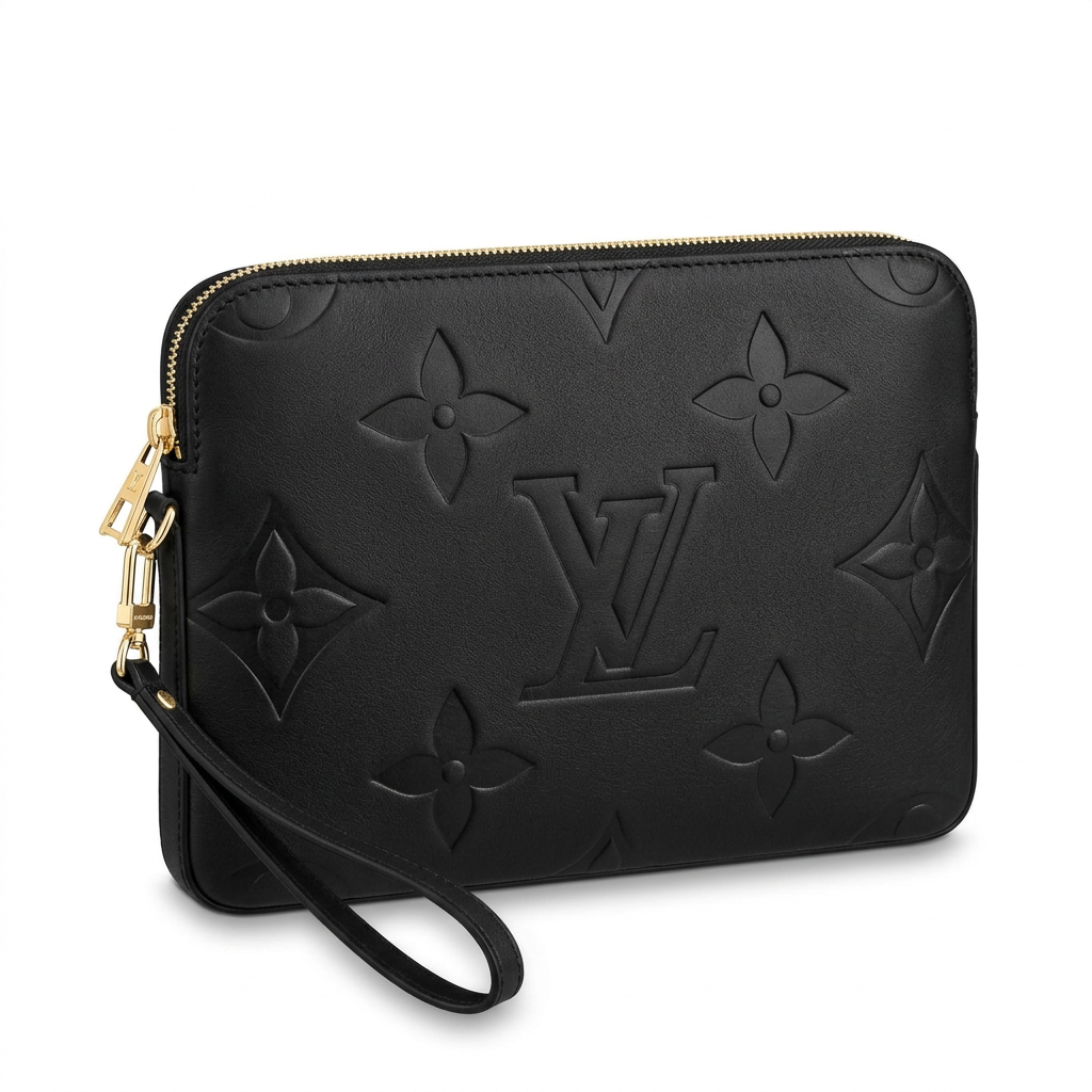 Black oversized tonal motif wrist pouch on white