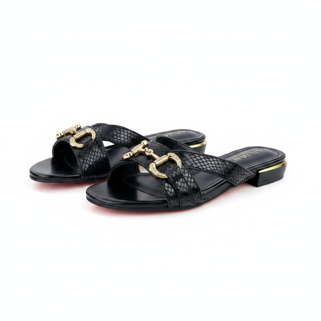 Ghost mannequin pair view of black horsebit flat slide sandals, left and right shoe