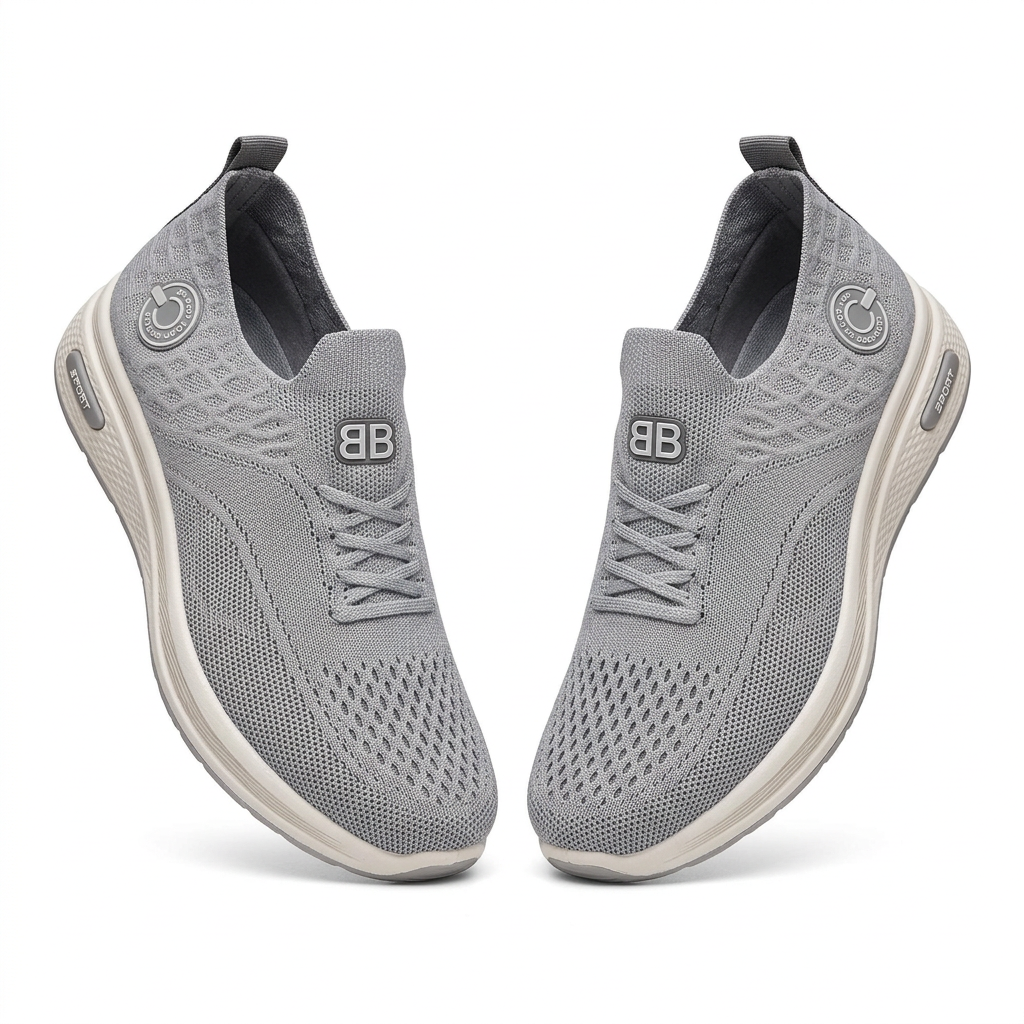 Pair of light-grey patterned knit sneakers on white