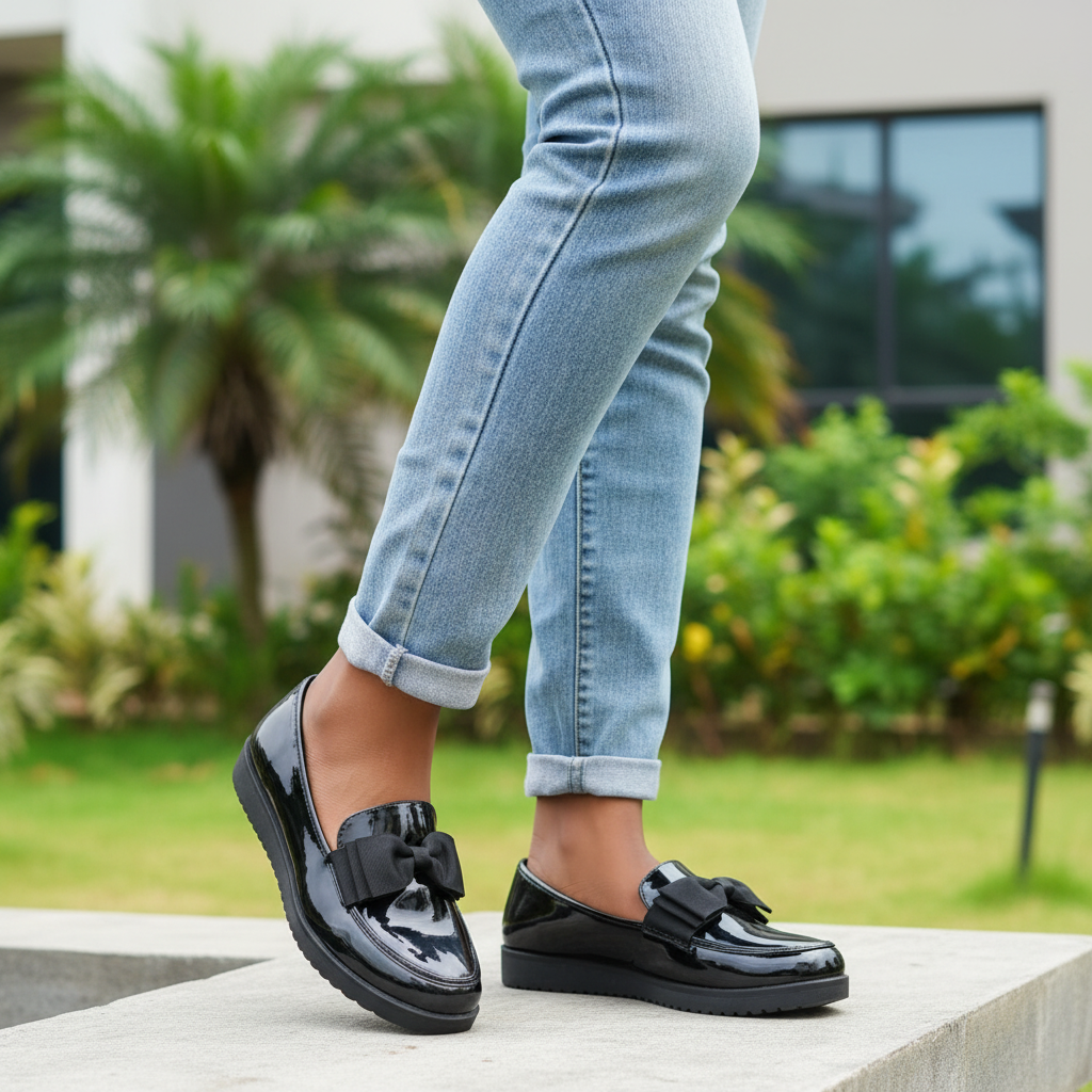 Nigerian female model wearing black patent leather bow loafers