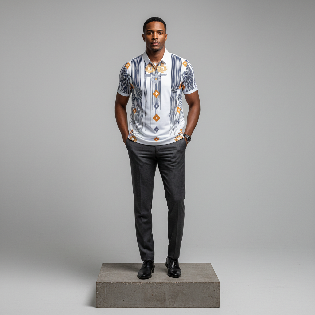 White Tribal Geometric Print Polo Shirt - Model Front
