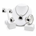 Silver sculpted trapeze 4-piece jewelry set with necklace, earrings, ring and bangle