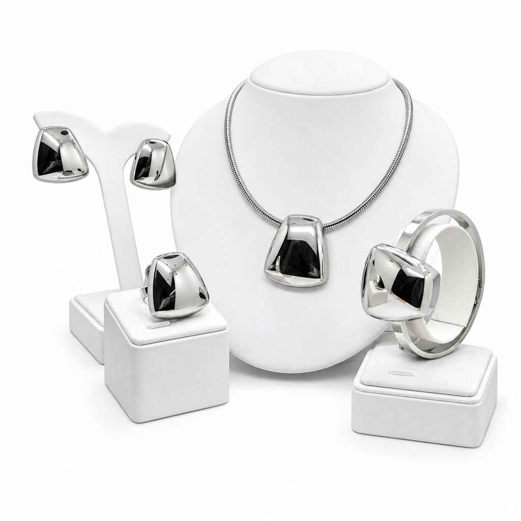 Silver sculpted trapeze 4-piece jewelry set with necklace, earrings, ring and bangle