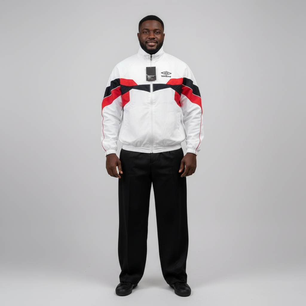 Model wearing white and red colourblock track jacket