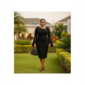 Women's Black Asymmetric Neck Bell Sleeve Bodycon Midi Dress – Nigerian Female Model