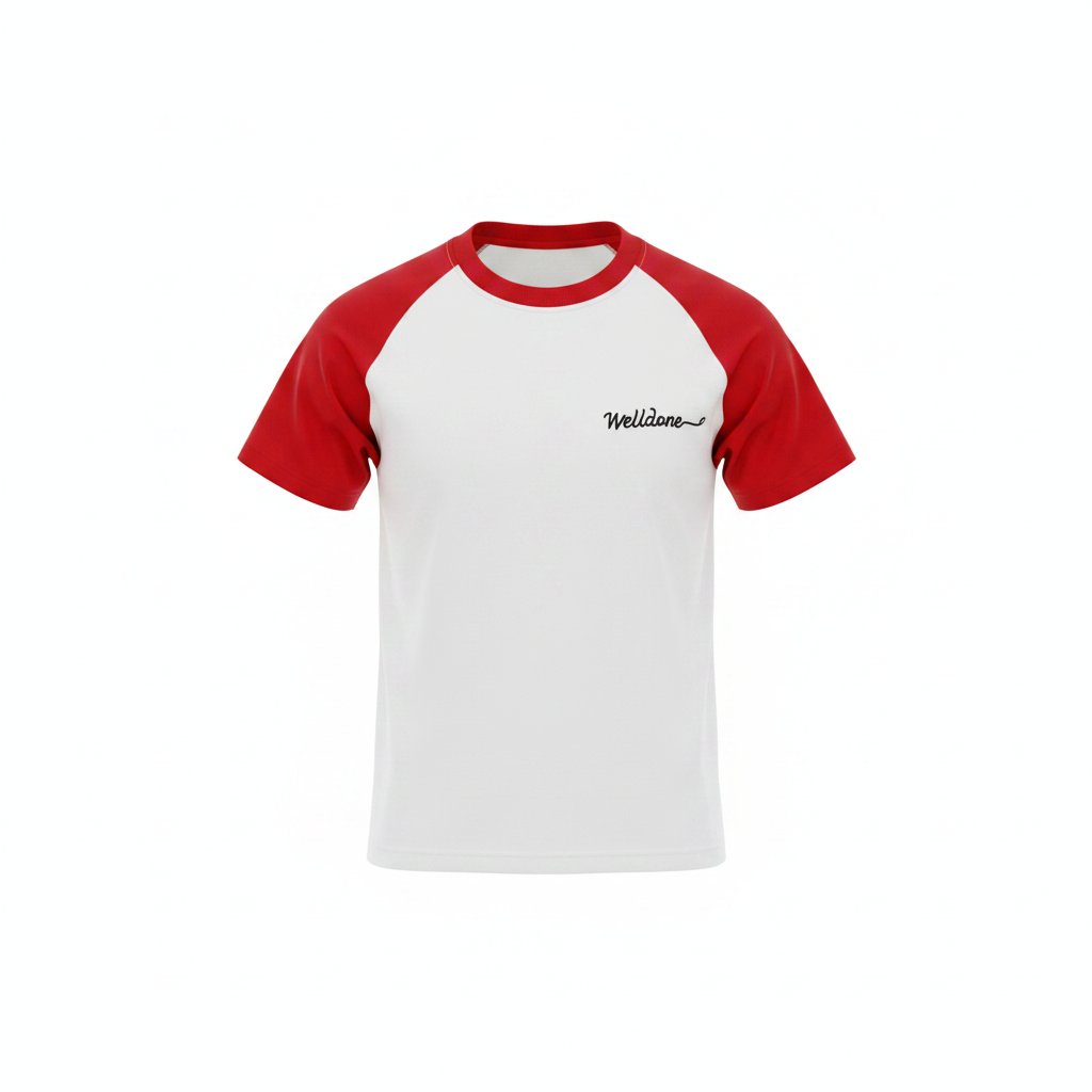 Men's white and red raglan body-hug tee - ghost mannequin front view
