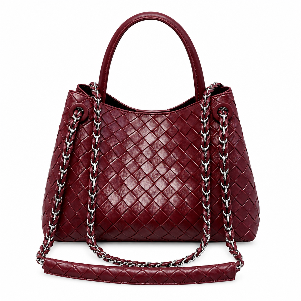 Burgundy woven-effect handbag with chain shoulder strap on white
