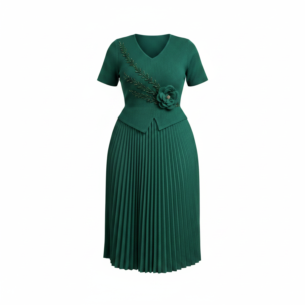 Forest green pleated midi gown with beaded branch embellishment and 3D rose corsage, ghost mannequin view