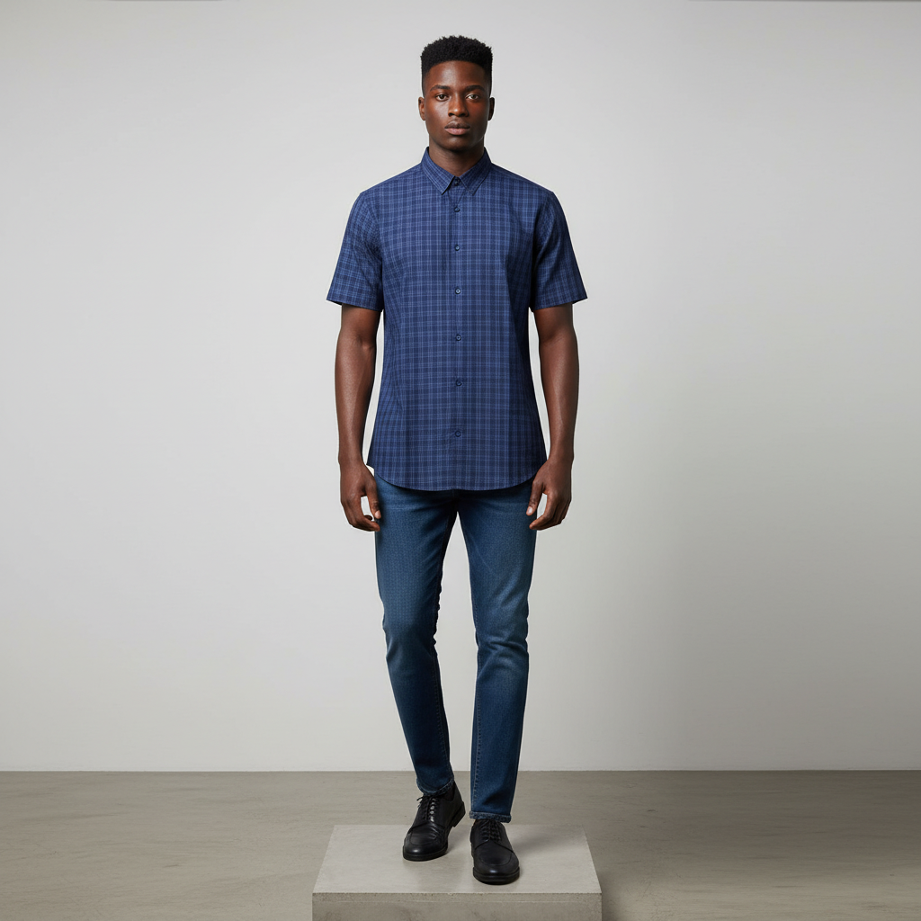 Nigerian male model wearing navy blue tonal plaid short-sleeved shirt