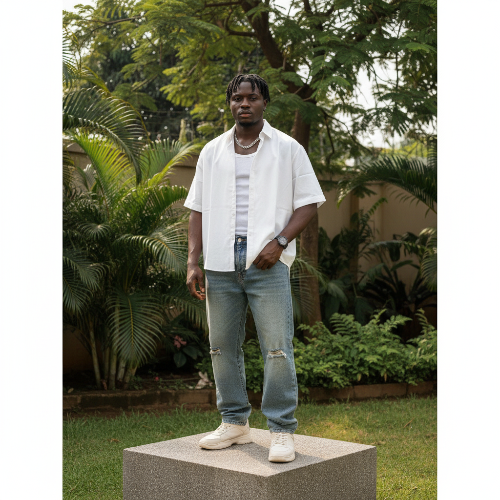 Nigerian male model wearing white oversized short-sleeve button-down shirt – full body lifestyle shot