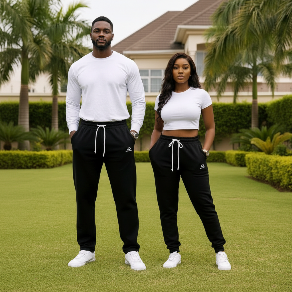 Nigerian male and female models wearing unisex black jogger sweatpants side by side