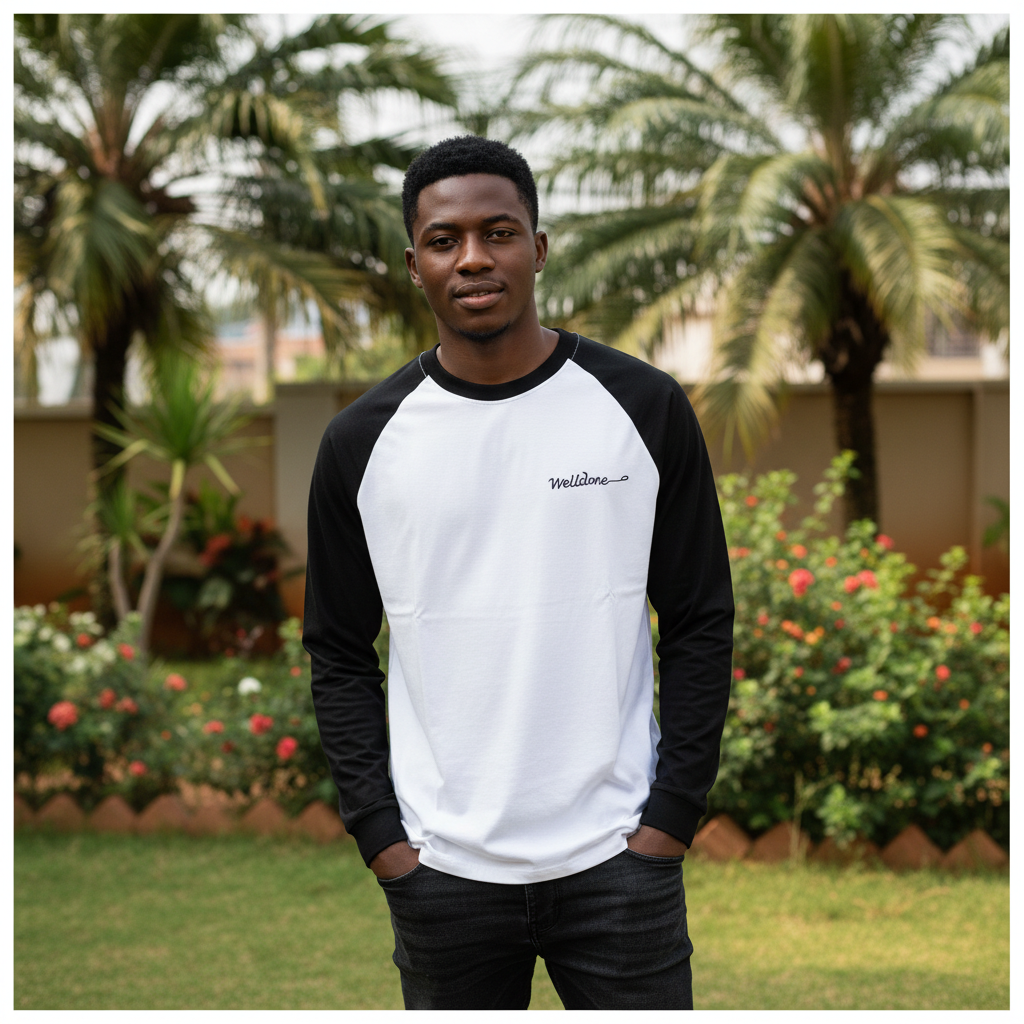 Nigerian male model wearing men's white black raglan script long sleeve shirt