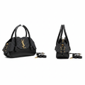 Women's Black Embossed Pleated Top Handle Tote Bag – Ghost Mannequin Front and Side View