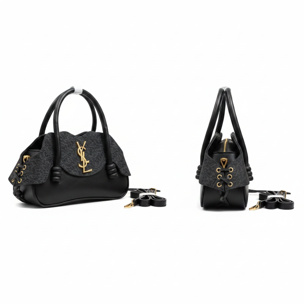 Women's Black Embossed Pleated Top Handle Tote Bag – Ghost Mannequin Front and Side View