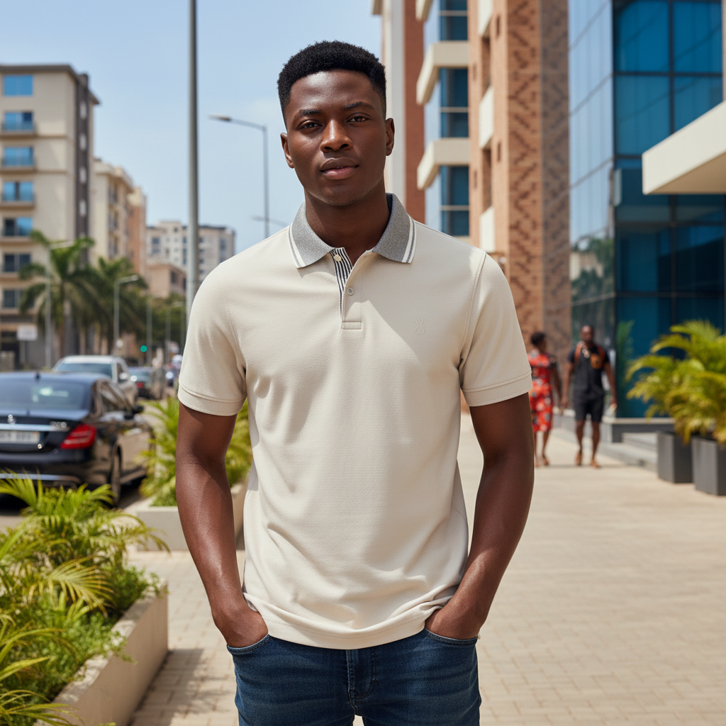 Young Nigerian male model wearing cream grey collar polo shirt, front view, Nigerian urban background