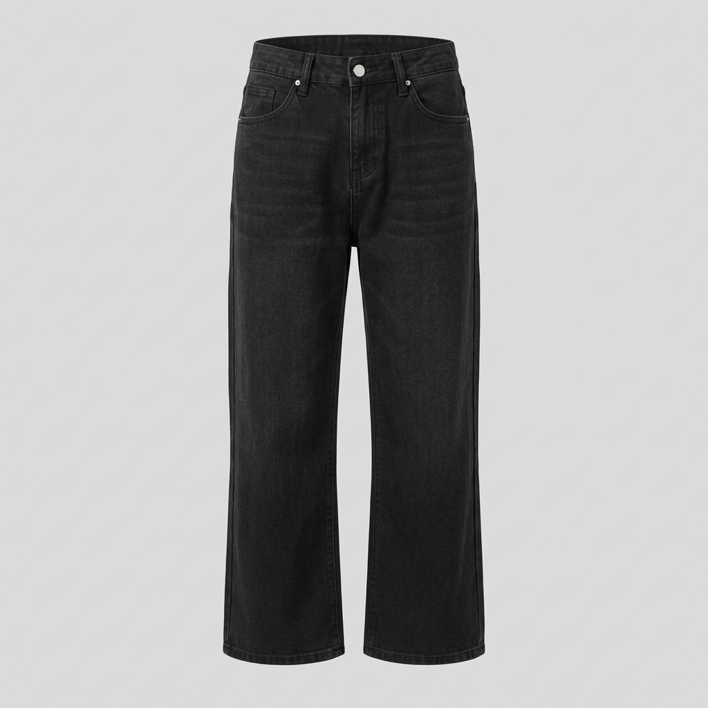 Men’s black wide-leg jeans, complete front ghost mannequin view