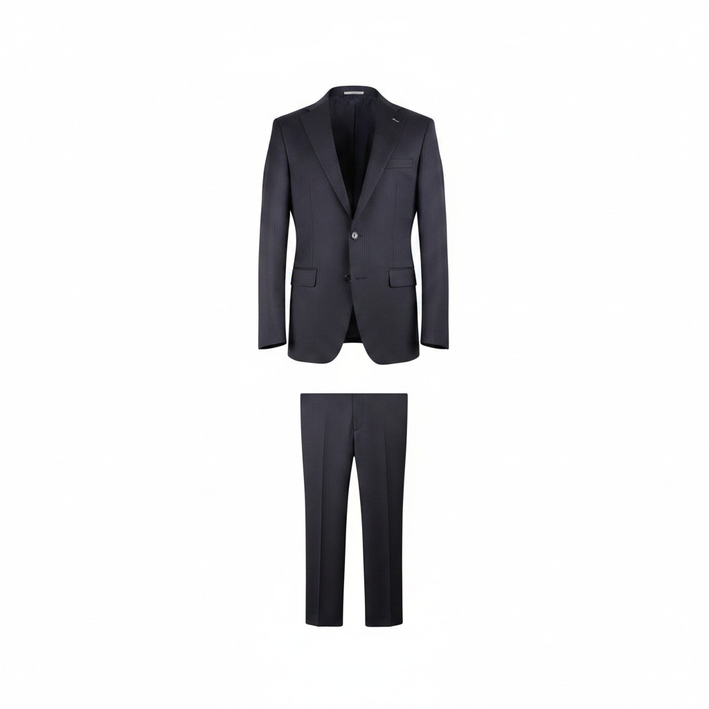 Men's dark navy blue pinstripe 2-piece single-breasted formal suit on ghost mannequin, white background