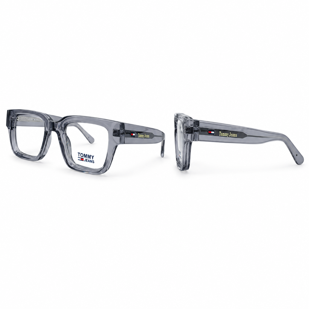 Translucent grey rectangular eyeglasses in front and side views
