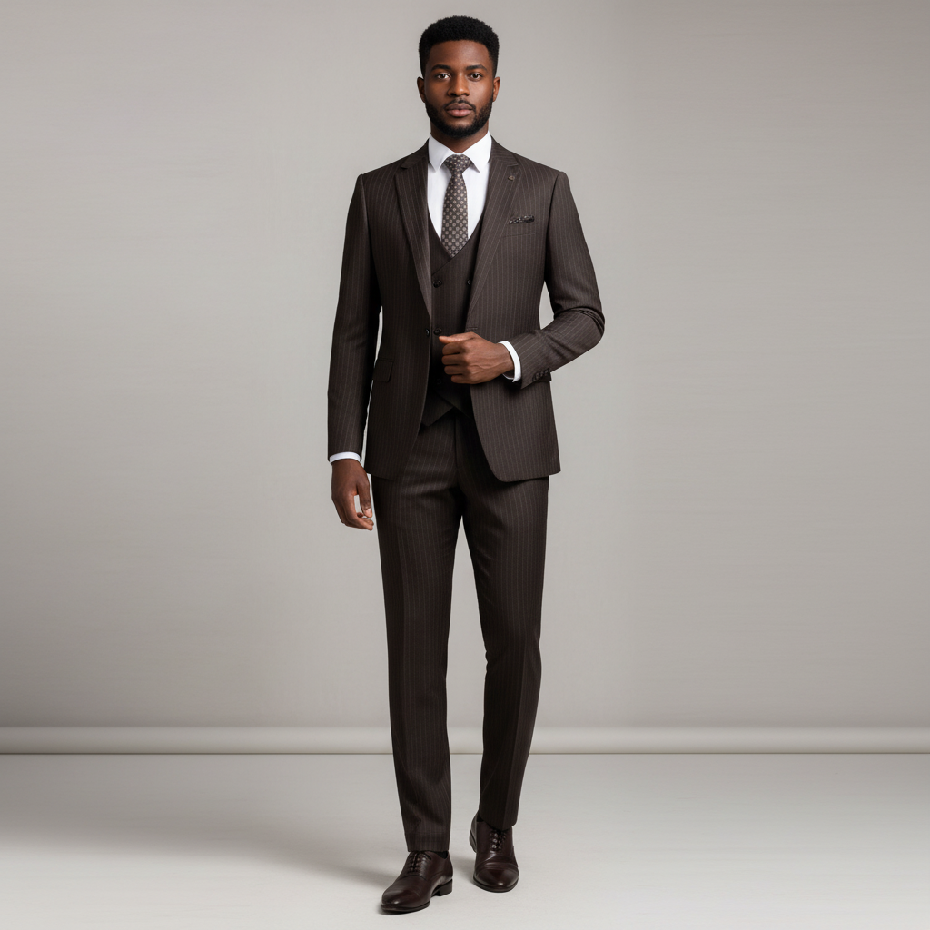 Nigerian male model wearing dark brown pinstripe 3-piece suit