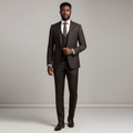Nigerian male model wearing dark brown pinstripe 3-piece suit
