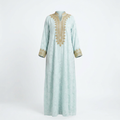 Pale mint embellished abaya ghost image with straight drape matched to model
