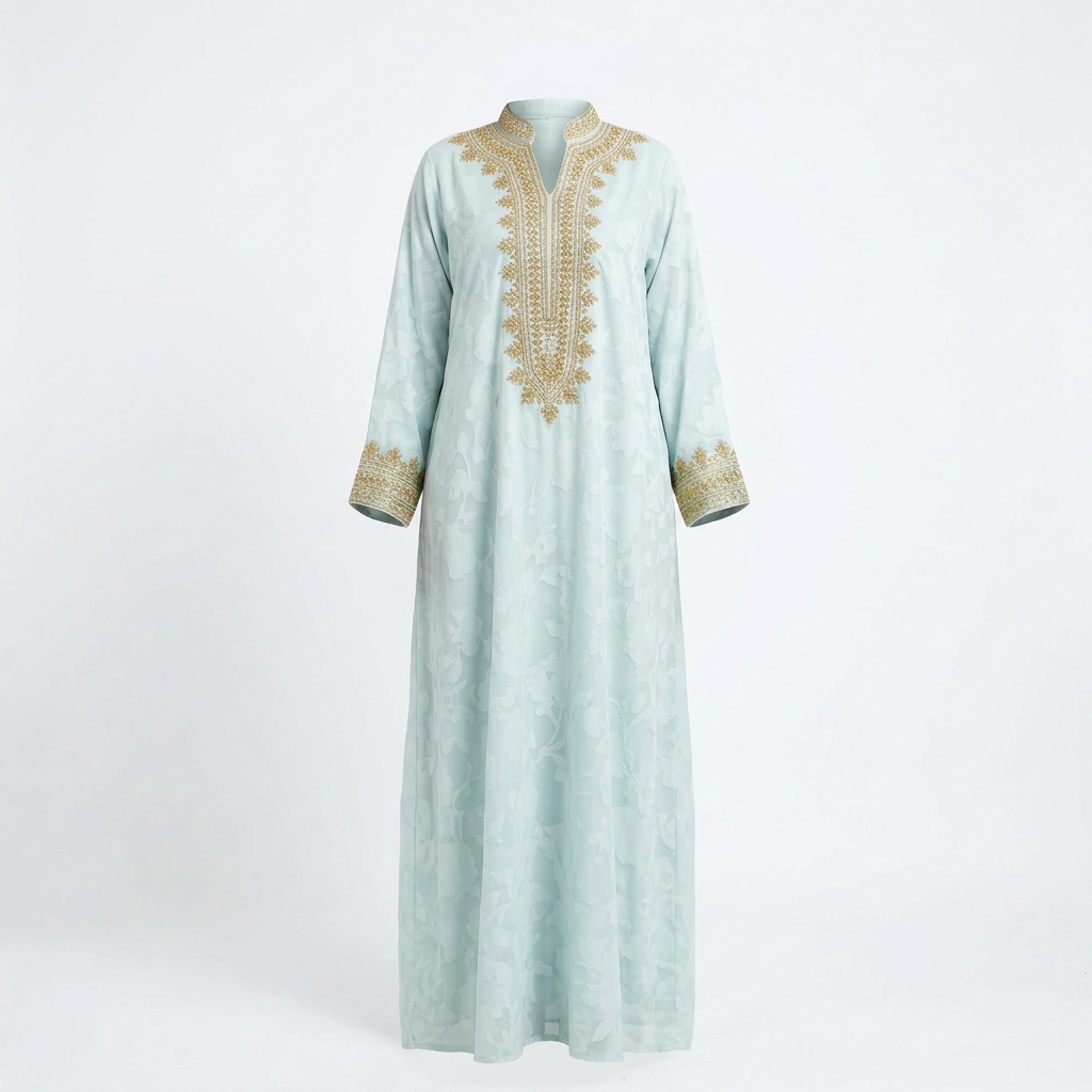 Pale mint embellished abaya ghost image with straight drape matched to model