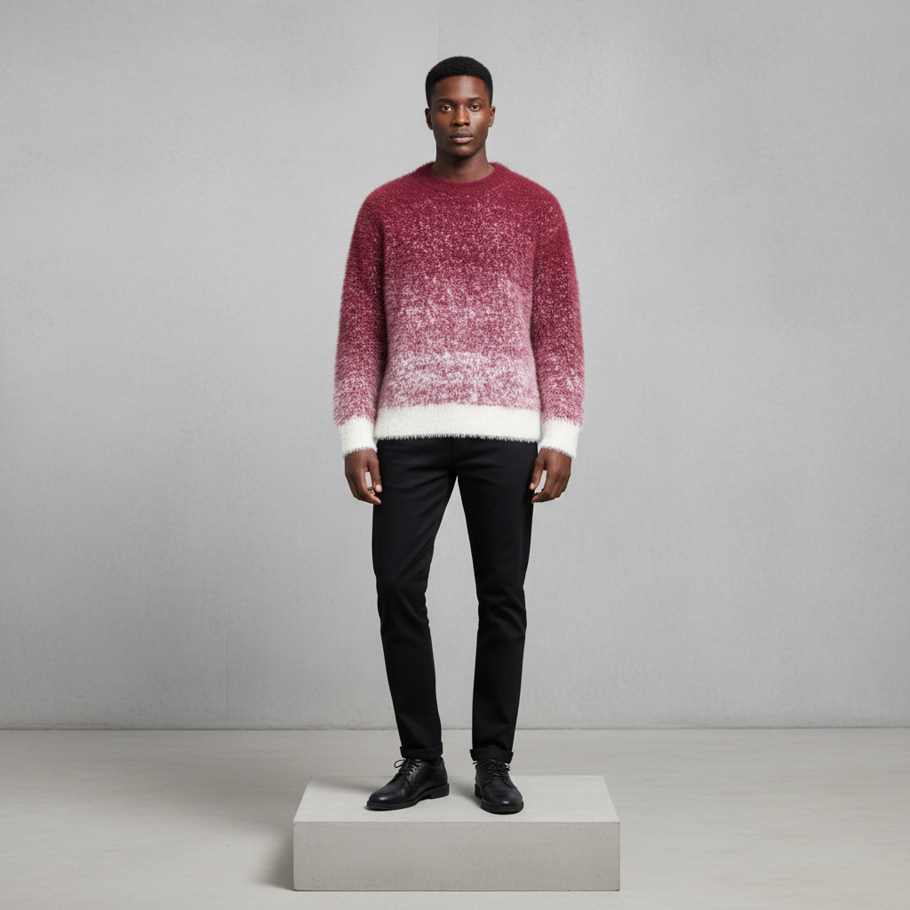 Burgundy Pink Ombré Fluffy Knit Sweater - Model Front