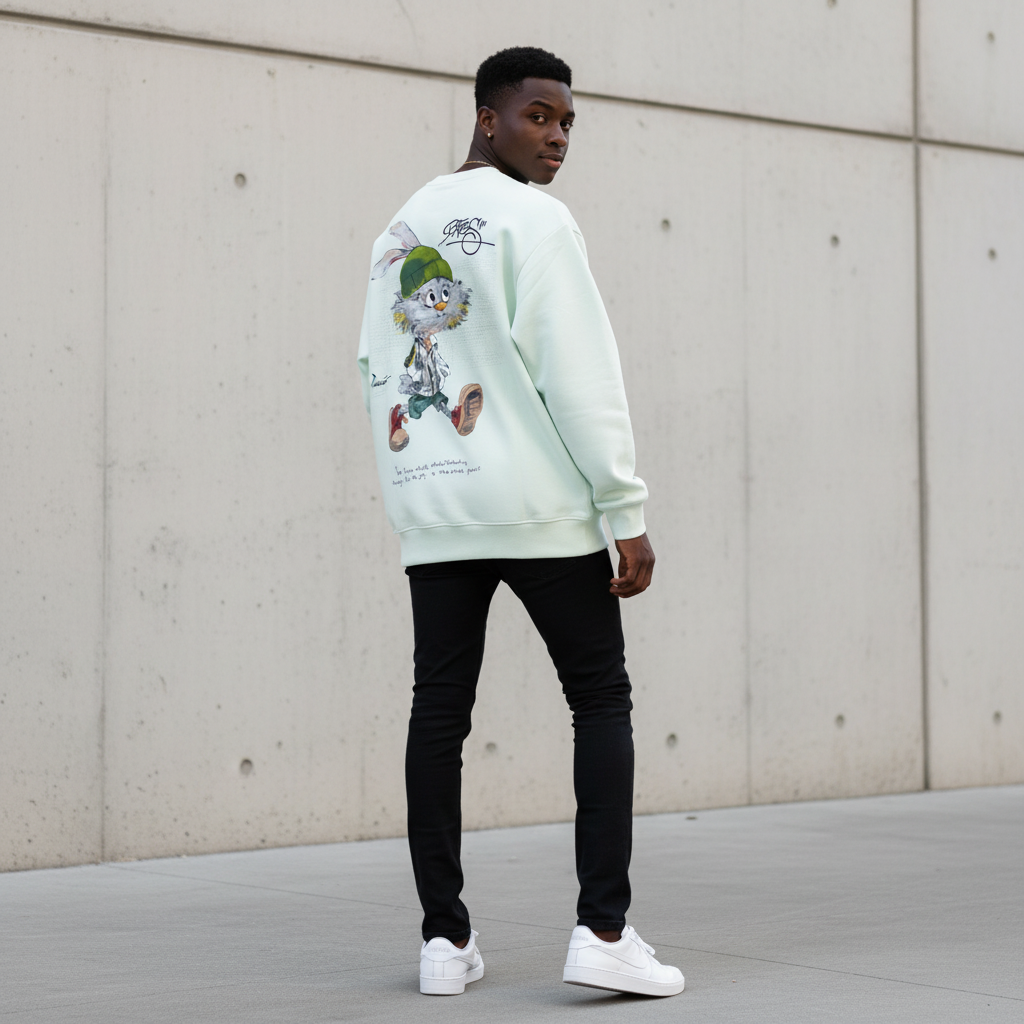 Male model wearing mint BATES bunny graphic sweatshirt back view