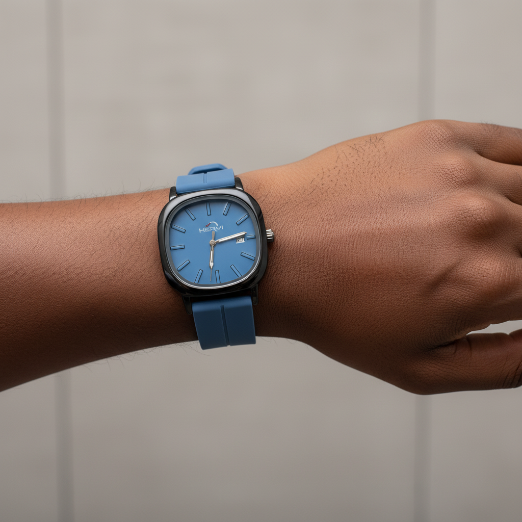 Blue strap square watch worn on a wrist