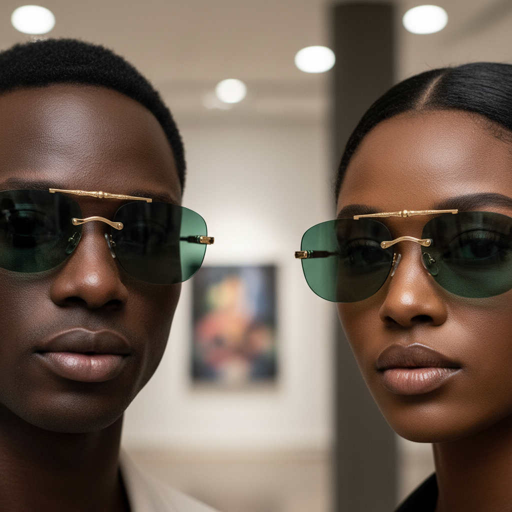 Nigerian male and female models wearing rimless aviator sunglasses solid dark green teal lens slim gold ornate double-bar bridge black acetate tip arms