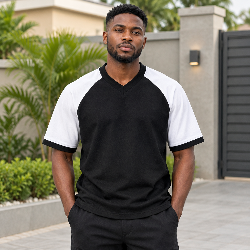 Black Nigerian adult model wearing a black and white raglan short-sleeve shirt