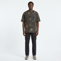 Full-body model wearing charcoal woodland-print crew-neck T-shirt